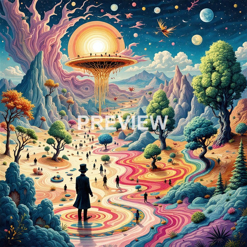 A fantastical landscape featuring a large, glowing sun-like orb above a floating, mushroom-shaped platform, surrounded by vibrant trees, colorful winding rivers, flying creatures, and a person in a top hat observing the scene.
